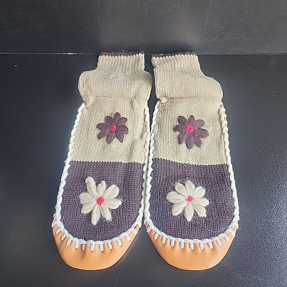 Women's Medium Vintage Knit Slipper Shoes Japan Brown Floral
